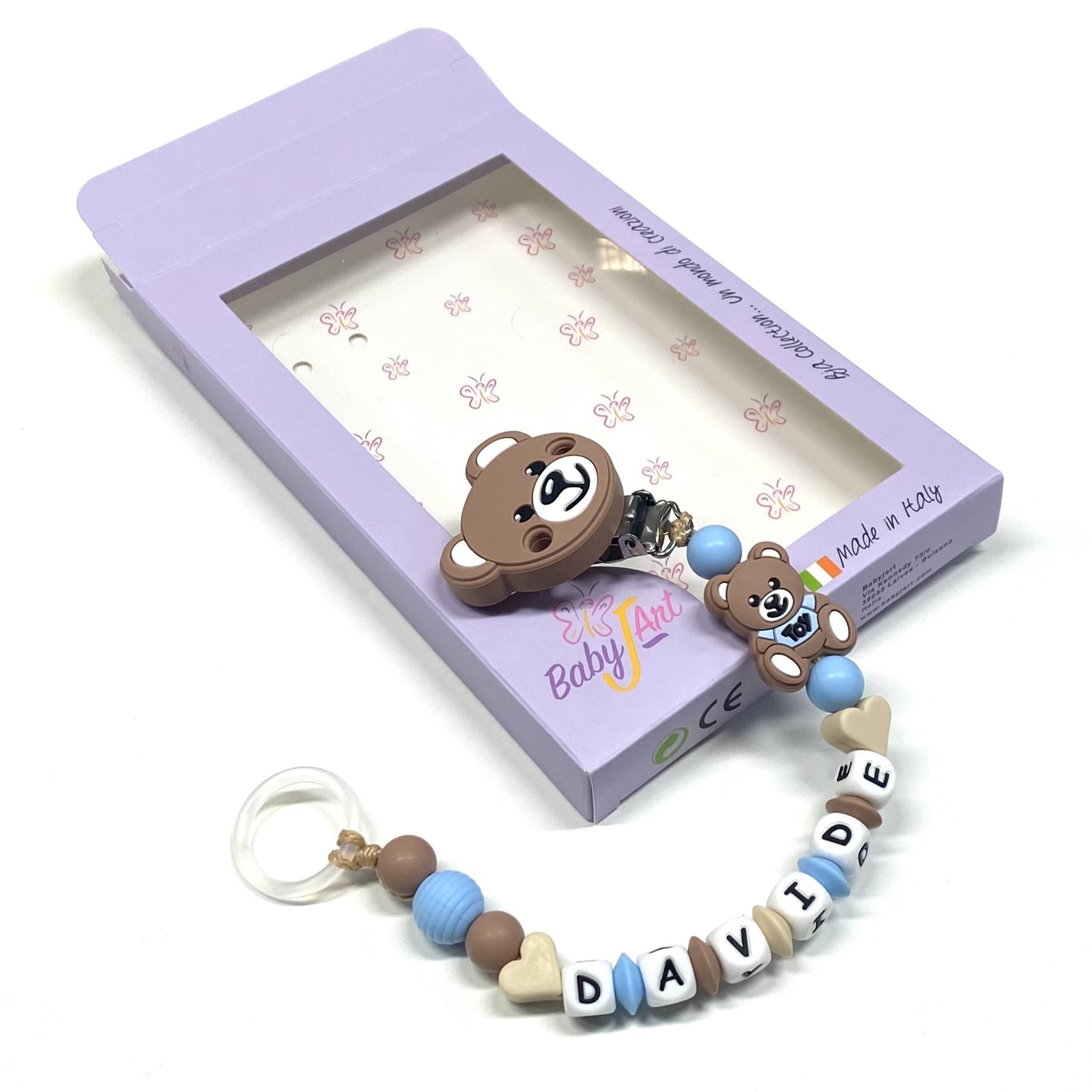 Babyjart silicone dummy chain PRESTIGE MOSCHINO with name, hook / adapter  pacifier MAM and CHICCO