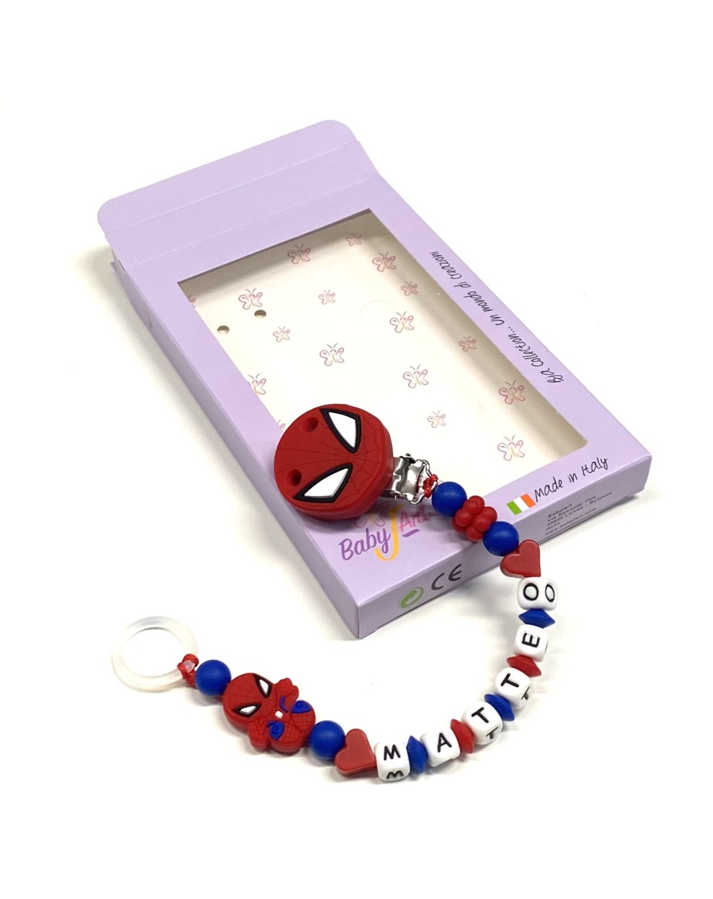 Babyjart silicone dummy chain PRESTIGE SPIDERMAN with name, hook/adapter  pacifier MAM and CHICCO
