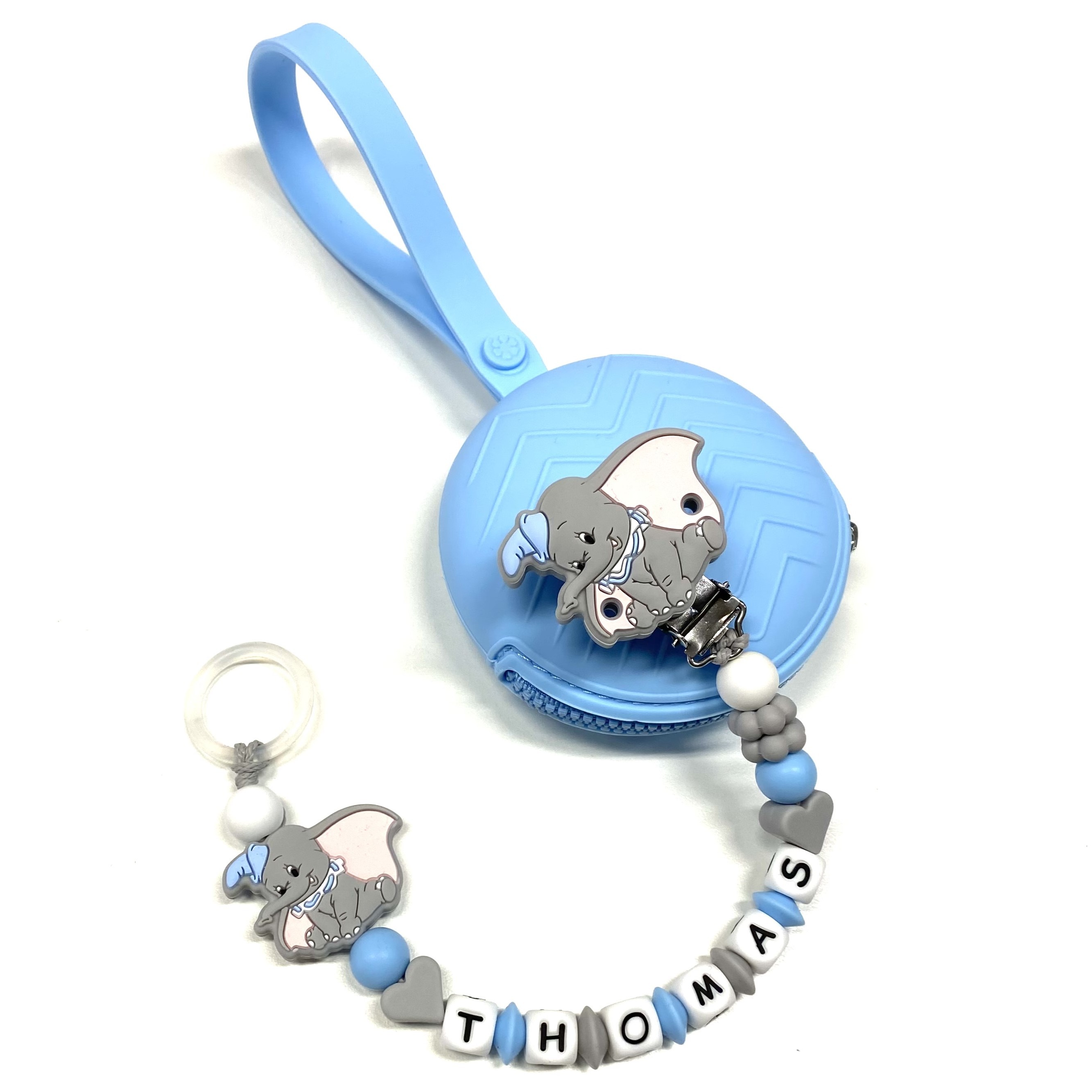 Babyjart Catenella portaciuccio PRESTIGE DUMBO in silicone con nome, gancio/adattatore  ciuccio MAM e CHICCO