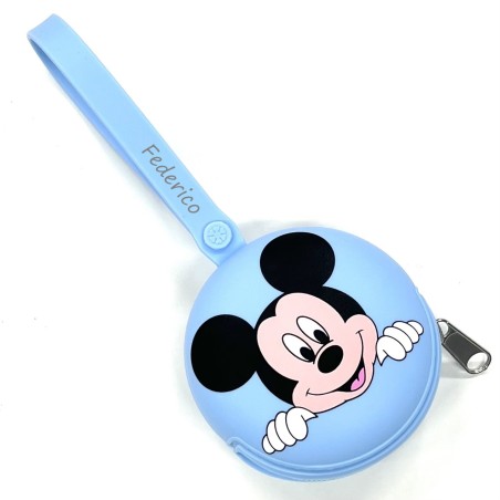 PERSONALIZE Porta-chupeta redondo com corrente MICKEY MOUSE AZUL PASTEL