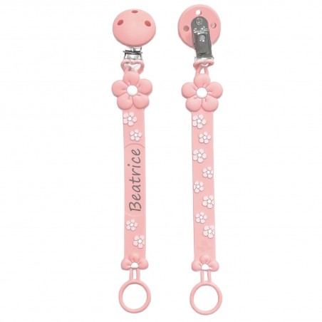 Catenella portaciuccio FLAT MARGHERITA ROSA PASTELLO in silicone con nome, gancio/adattatore ciuccio MAM e CHICCO