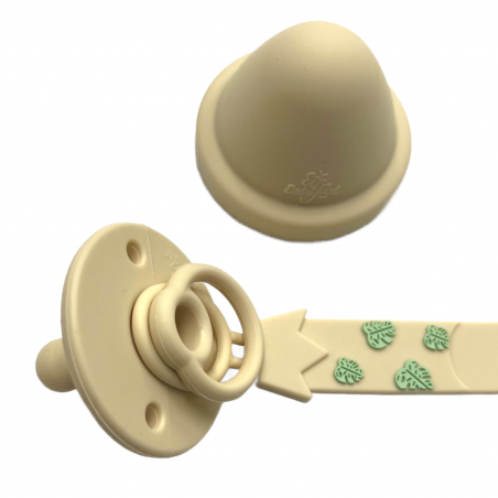 Cadeia de chupeta FLAT LEÃO BEIGE de silicone com nome, adaptador / gancho de chupeta MAM e modelo CHICCO