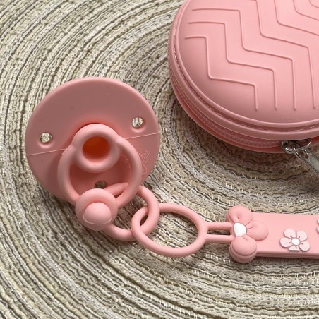 Silicone dummy chain silicone FLAT DAISY PASTEL PINK with name, hook/adapter pacifier MAM/CHICCO