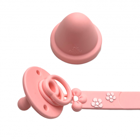 Cadeia de chupeta FLAT MARGARIDA ROSA PASTEL e silicone com nome, adaptador/gancho de chupeta MAM/CHICCO