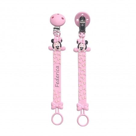 Catenella portaciuccio FLAT MINNIE ROSA CHIARO in silicone con nome, gancio/adattatore ciuccio MAM/CHICCO