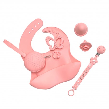 Cadeia de chupeta FLAT MARGARIDA ROSA PASTEL e silicone com nome, adaptador/gancho de chupeta MAM/CHICCO