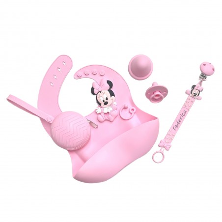 Catenella portaciuccio FLAT MINNIE ROSA CHIARO in silicone con nome, gancio/adattatore ciuccio MAM/CHICCO