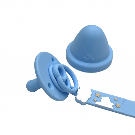 Catenella portaciuccio FLAT ARCOBALENO AZZURRO in silicone con nome, gancio/adattatore ciuccio MAM e CHICCO