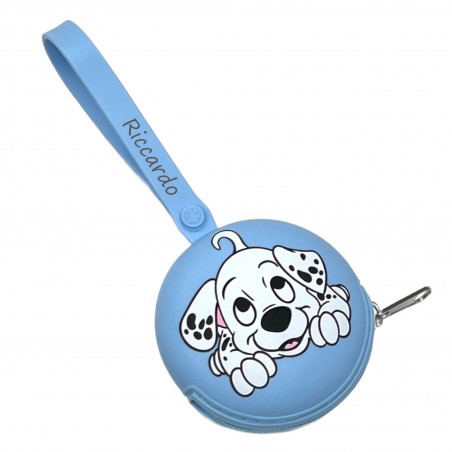 PERSONALIZE Porta-chupeta redondo com corrente DÁLMATA AZUL PASTEL