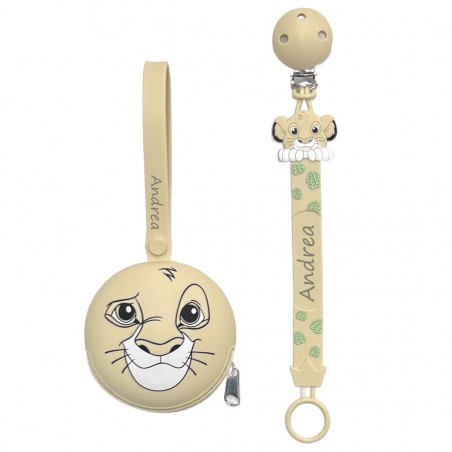 Silicone dummy chain silicone FLAT LION BEIGE  with name, hook / adapter pacifier MAM and CHICCO