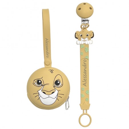 Chaîne de tétine FLAT LION NATUREL en silicone avec nom, crochet / adaptateur de tétine MAM et CHICCO