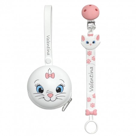 Catenella portaciuccio FLAT MINOU in silicone con nome, gancio/adattatore ciuccio MAM e CHICCO