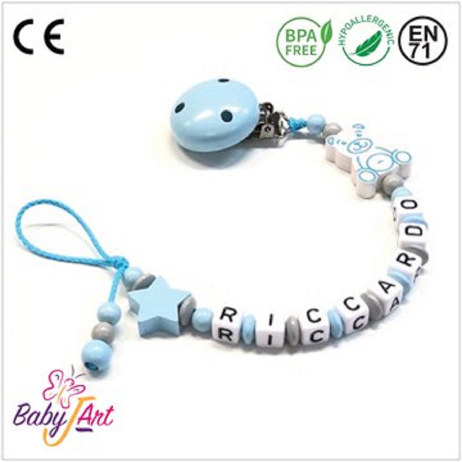 Babyjart Catenella portaciuccio silicone con nome, gancio/adattatore  ciuccio MAM e CHICCO